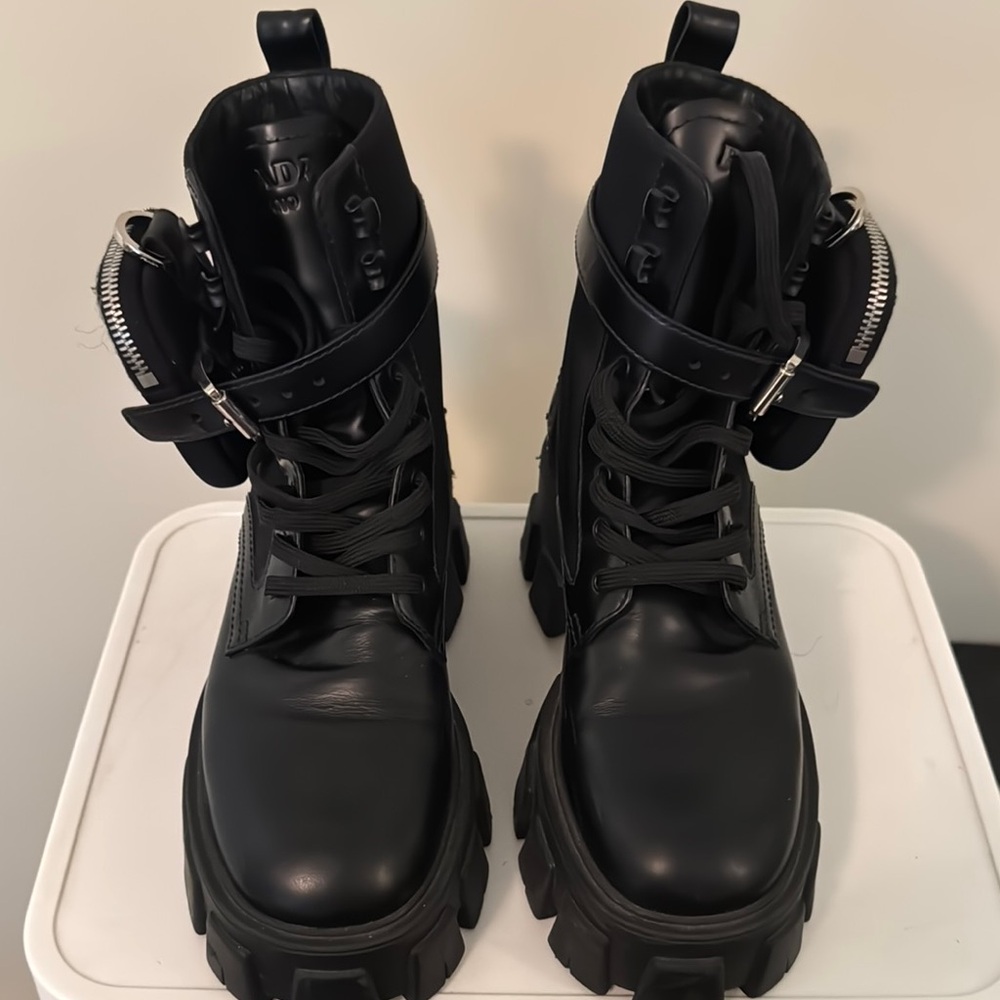 Black Leather Prada Combat Boots